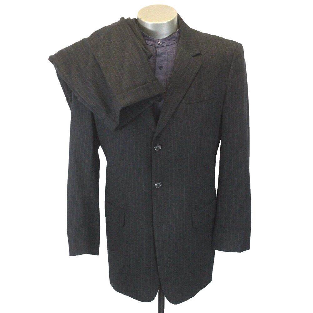 charcoal pinstripe Jos A Bank 2pc Pant Suit flannel wool cashmere soft 43 L